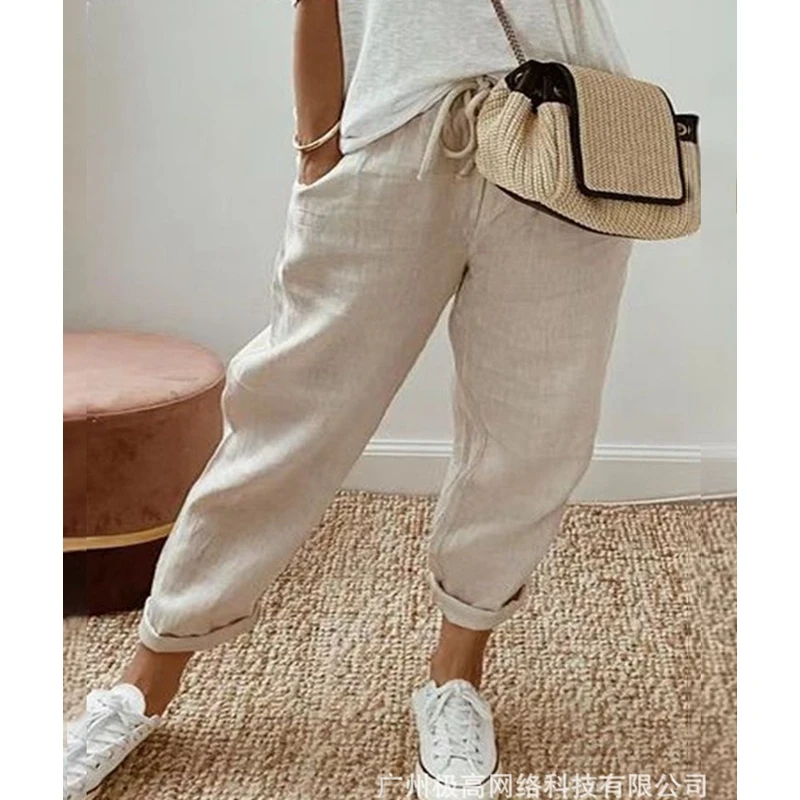 Women Fashion Casual Solid Color New Ankle Length Pants Trousers Women Drawstring Pocket Design Cuffed Pants