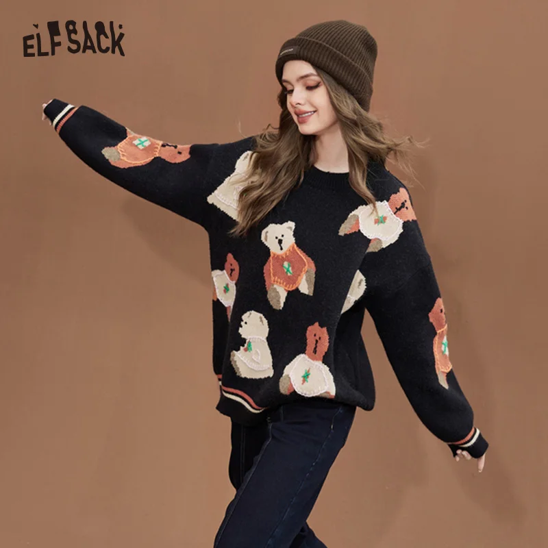 ELFSACK Jacquard Pullover Sweaters Women 2022 Autumn/Winter Loose Basic Daily Tops