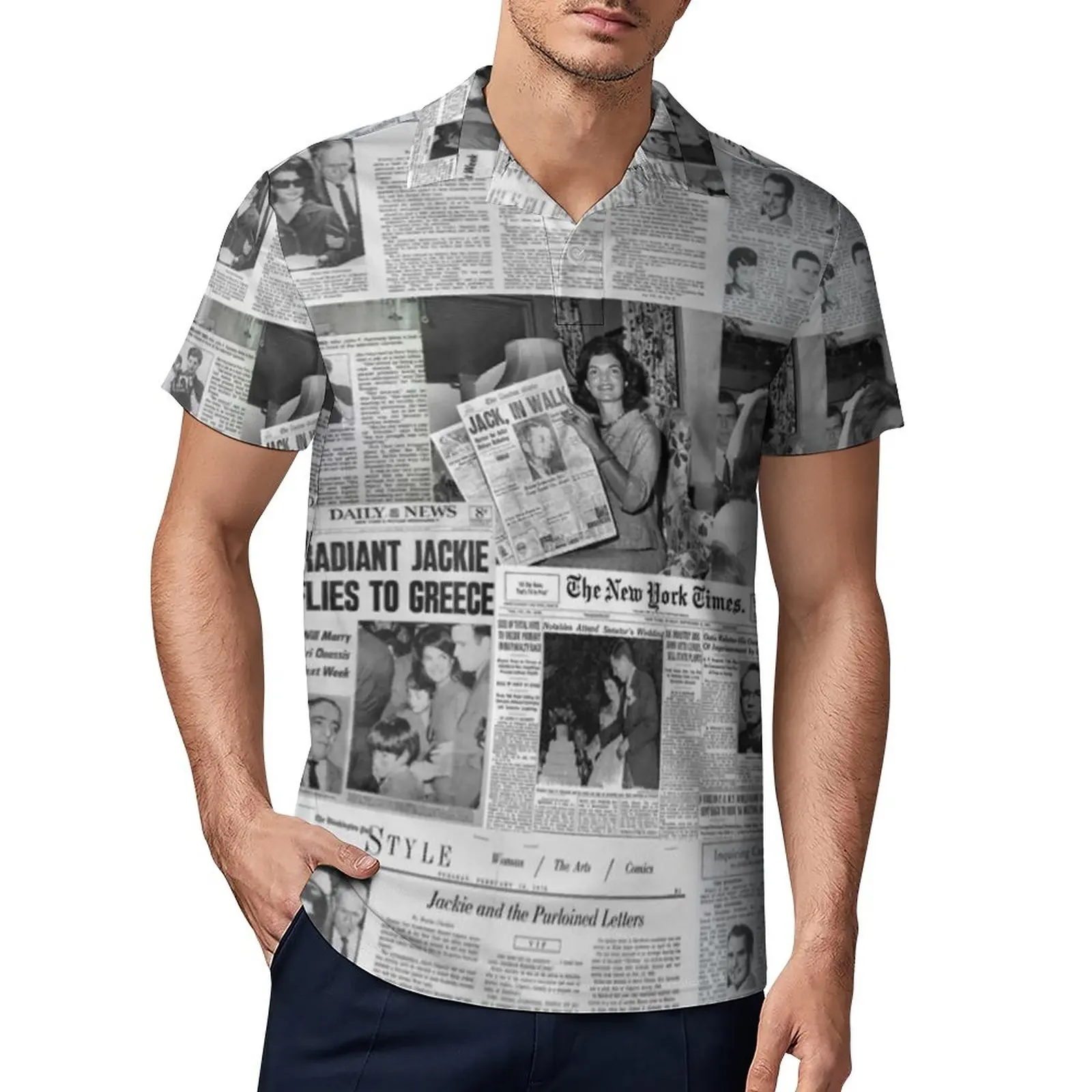 

Newspaper Collage Casual T-Shirts Jackie Kennedy Polo Shirt Turn-Down Collar Fun Shirt Summer Men Top Oversize
