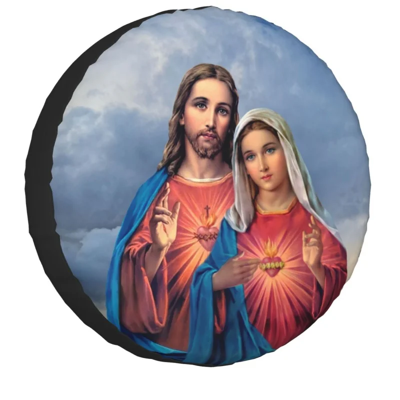 

Sacred And Immaculate Hearts Spare Tire Cover Bag Pouch for Mitsubishi Pajero Catholic Jesus and Mary Car Wheel Covers