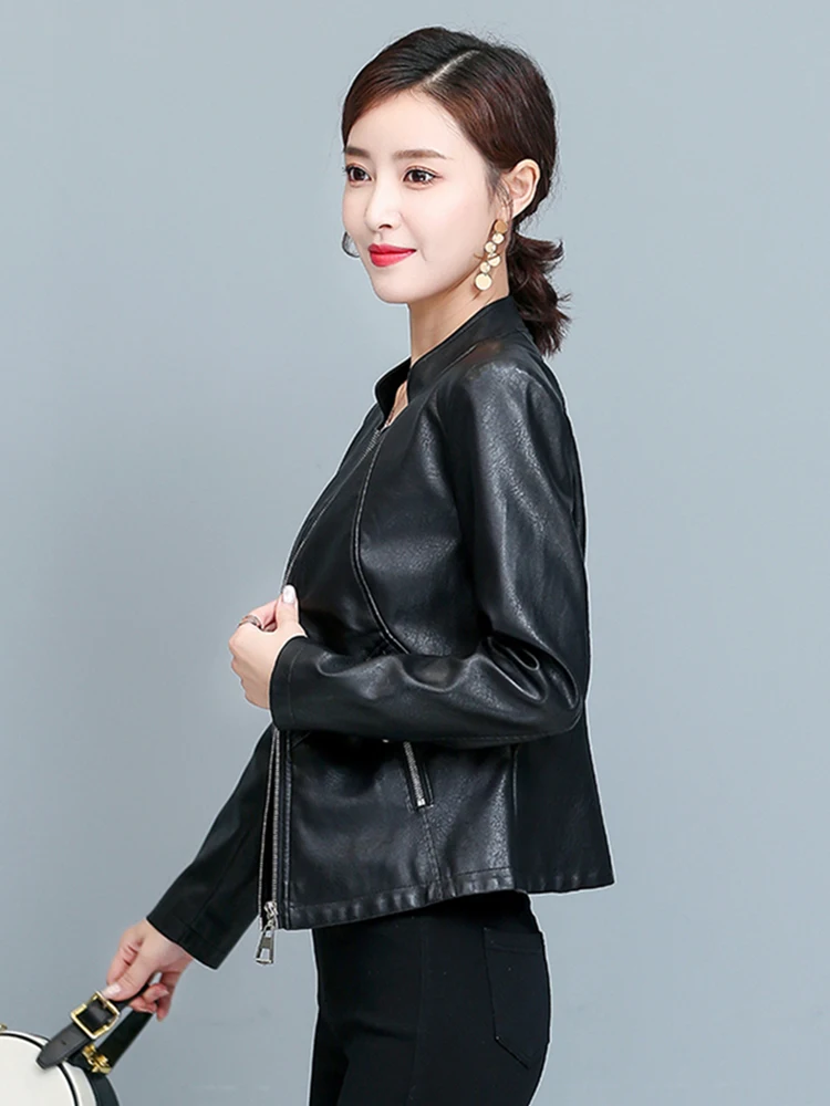 New Women Leather Jacket Spring Autumn Fashion Trend Small Stand Collar Slim Waist Split Leather Short Coat Cool Pink Outerwear