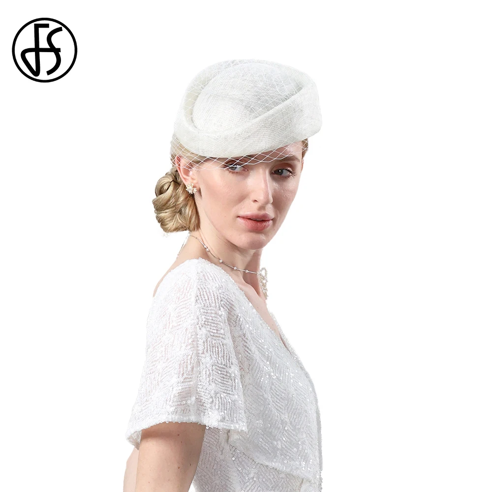 FS 2023 Elegant Sinamay Beret Beige Hats Fascinators For Women With Veil Wedding Formal Dress Cap Mesh Cocktail Party Millinery