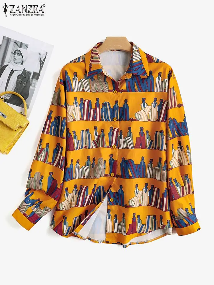 

Women Vintage Printed Shirt ZANZEA Spring Long Sleeve Tops 2022 Fashion Korean Lapel Blusa Holiday Casual Blouse Camisa Oversize