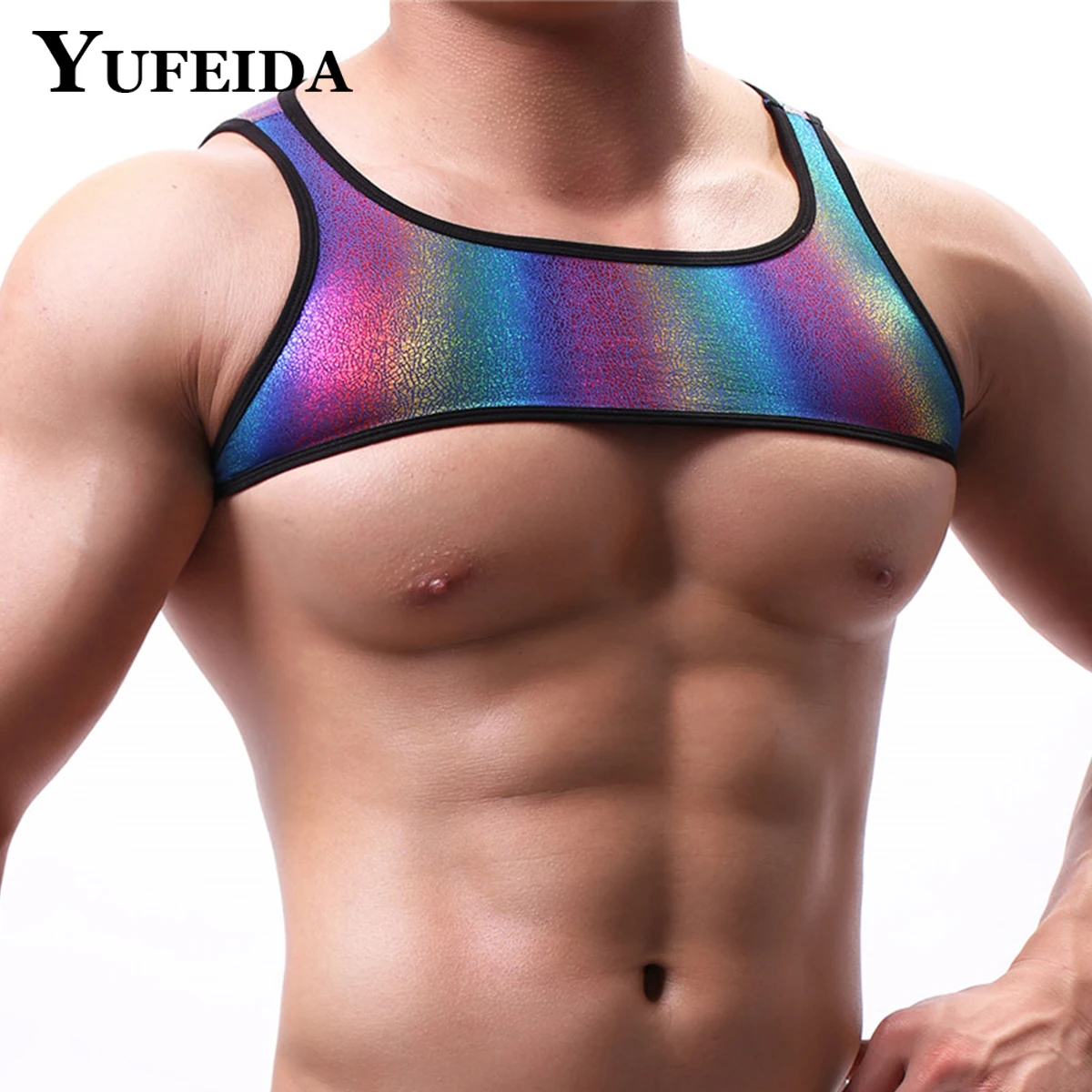 

YUFEIDA Striped Leather Harness Men Shoulder Strap Crop Top Rainbow Color Men's Chest Harness Bodybuilding Tops Gay Exotic Tanks