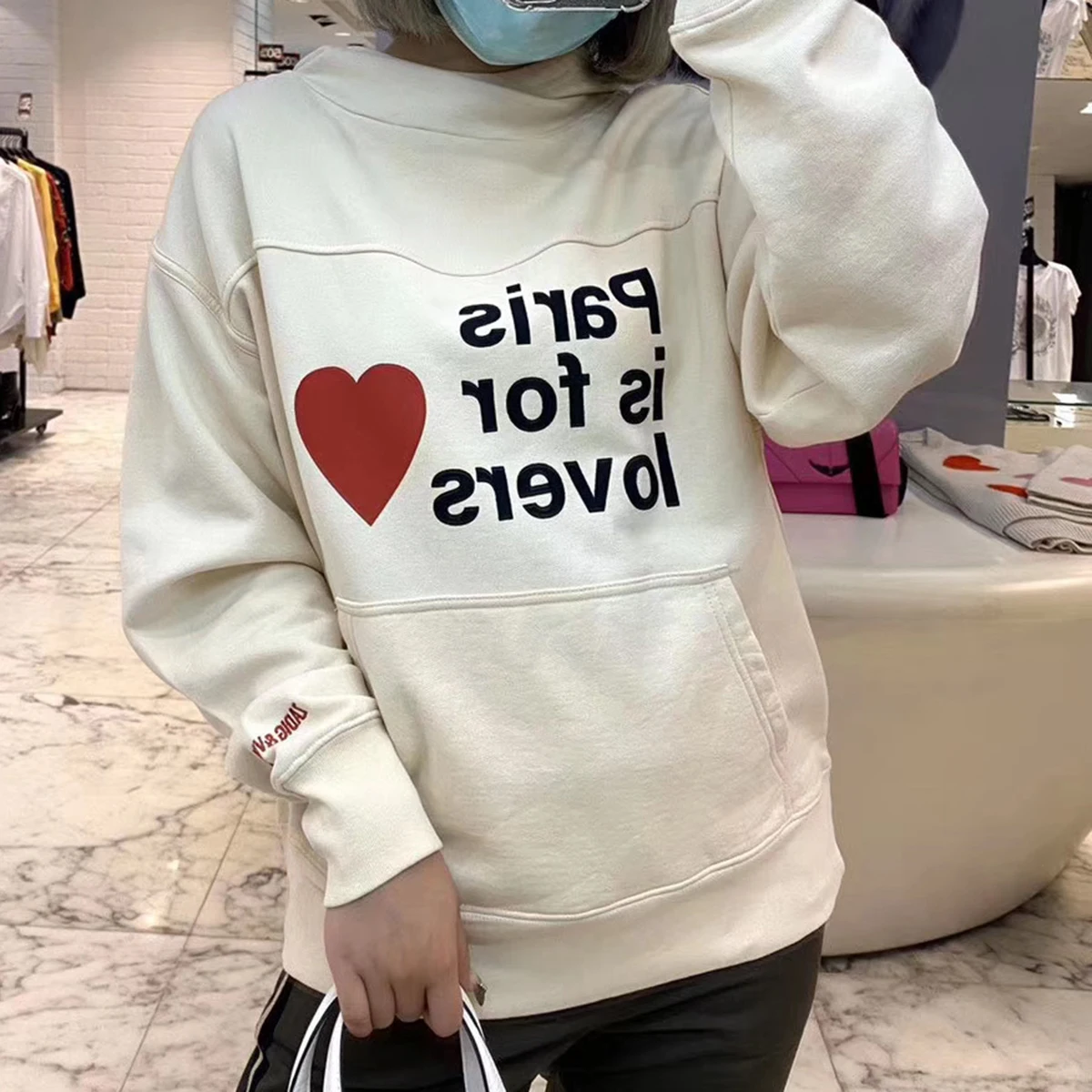 

Jyate Heart Letter Print Hoodies Women Fleece Embroidery Loose Pullovers Sweatshirt Pockets Half High Collar Hooded Sweatshirt