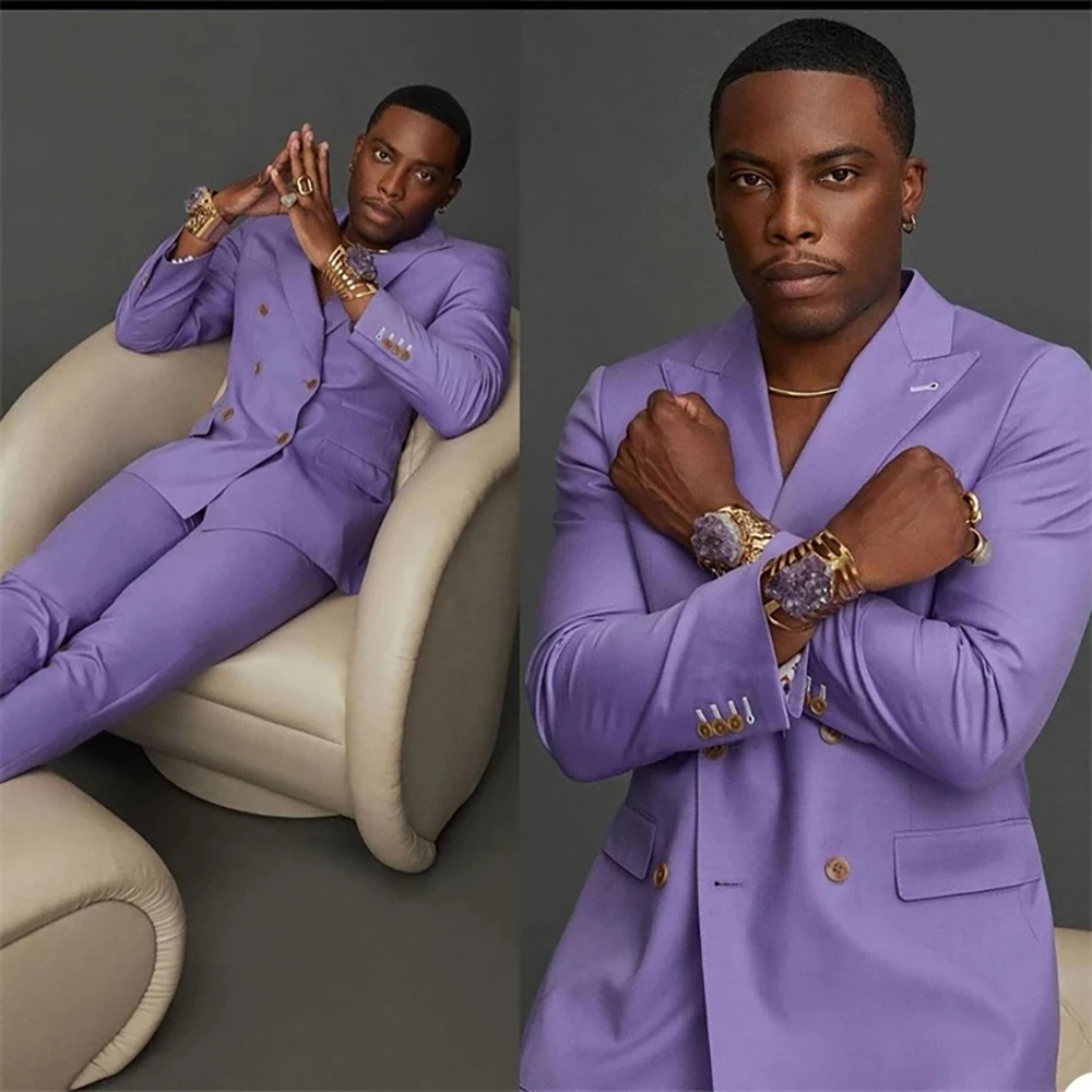 Casual Purple Double Breasted Costume Homme Prom Terno Masculino Groom Blazer Wedding 2 Pcs Slim Fit (jacket+pants)