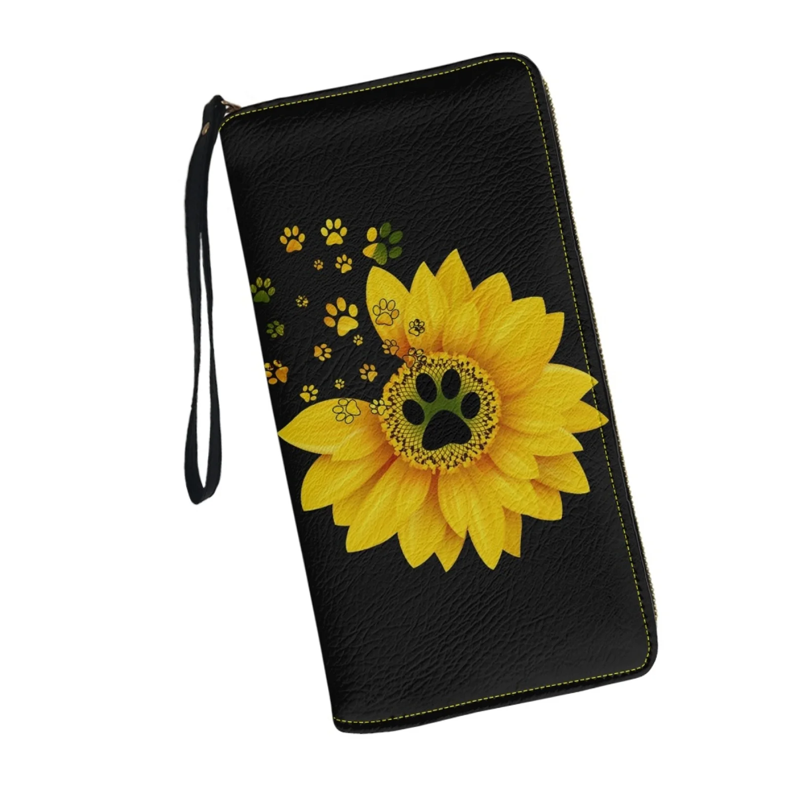 Belidome Sunflower Dog Footprint Women Wristlet Wallet Soft Leather Zip Long Purse RFID Blocking Card Holder Clutch Organizer