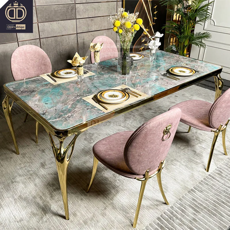 

High Quality Price Brass Leg Marble Top Dining Table Set 6 Seater Chair Modern Luxury Marble Metal Dining Tables