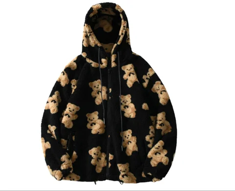 Women Cartoon Bear Fleece Hooded Jackets Women Casual Hoodie Female Zip Up Sweatshirt Teddy Coat Warm Hoodies Couple Top Y2k