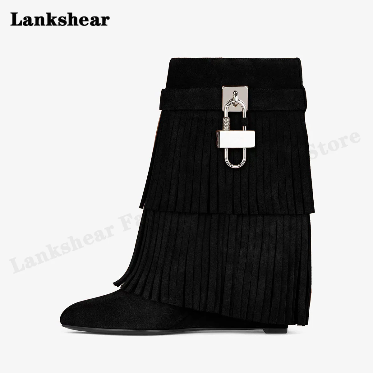 2022 Winter New Round Toe Wedge Heel Woman Boots Thick Bottom Suede Tassel Lock Decoration Large Size Short Boots Tassel Boots