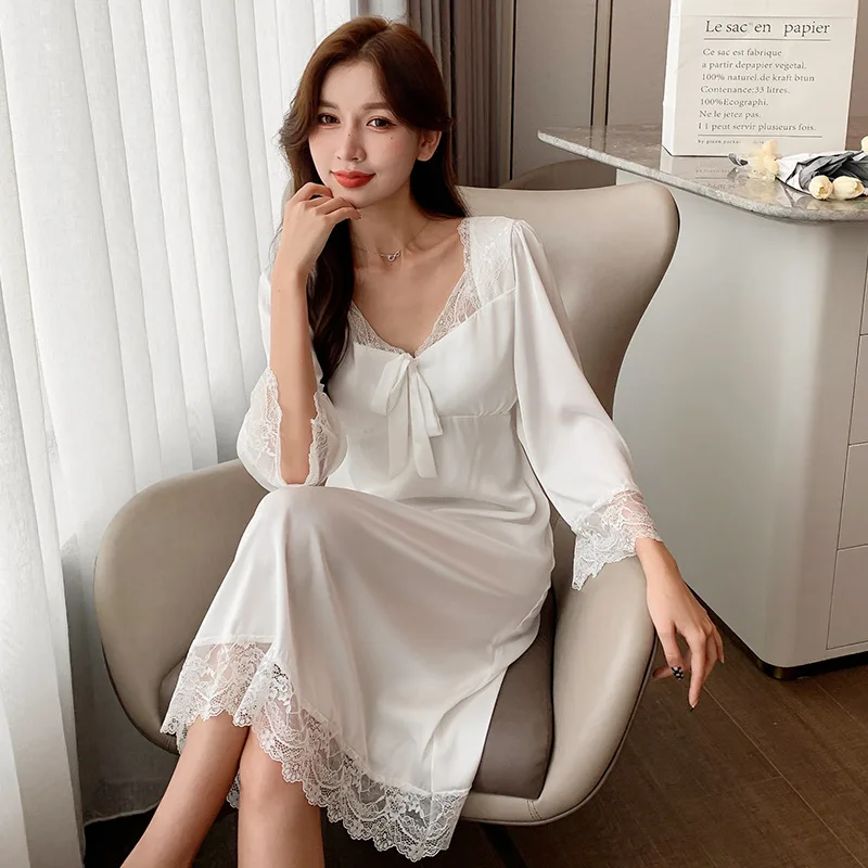 Women's Pajamas Ice Silk Thin Lace Knee-Length Skirt With Chest Pad French Court Style V-neck Sexy Nightgown Can Be Worn Inside