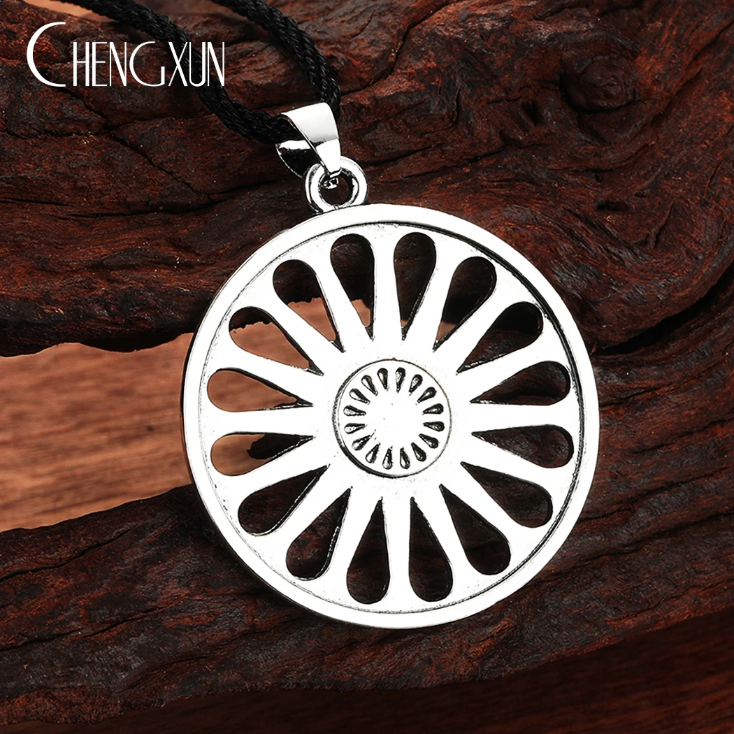 Romani Chakra Wheel Necklace Pendant Men Women Ashoka Indian Symbol Roma People Gypsy Wheel Charm Leather Chain Jewelry for Boys