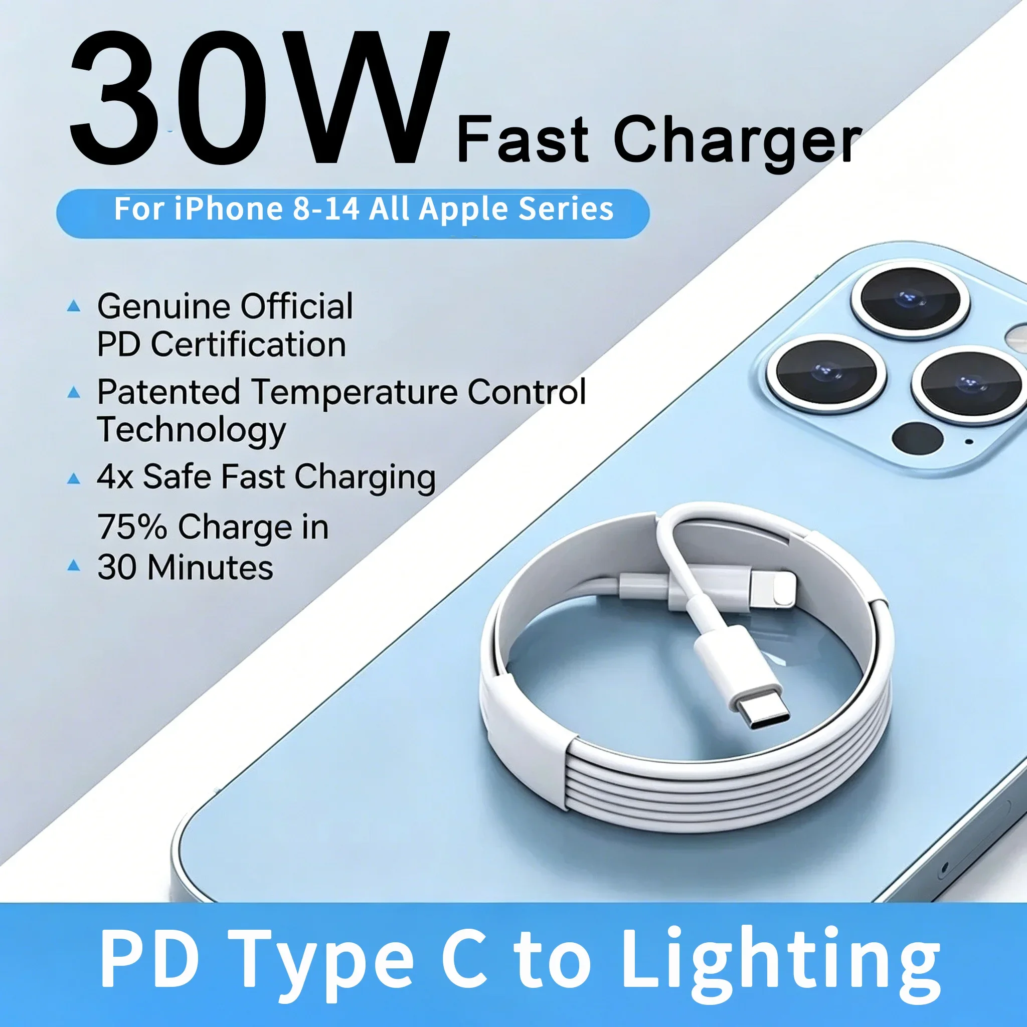 Фото Кабель для быстрой зарядки 30W PD USB C с разъемом Lightning для Apple iPhone 14 13 12 11 Pro Max X Plus iPad, синхронизация данных, разъем TYPE C с разъемом Lightning №1