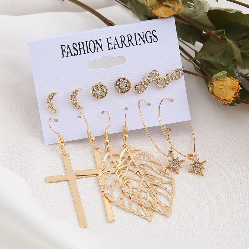 

Creative Simple 6 Pairs Alloy Full Diamond 8 Character Moon Earrings for Women Retro Jewelry