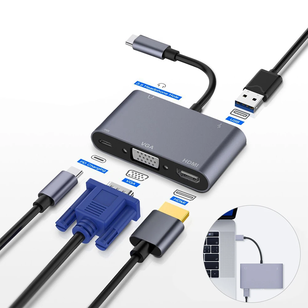 5 in 1 USB 3.0 Hub VGA Laptop Adapter PD Charge 5 Ports HDMI-Compatible 4K 3.5mm Audio Laptop Type-C Splitter Docking Station