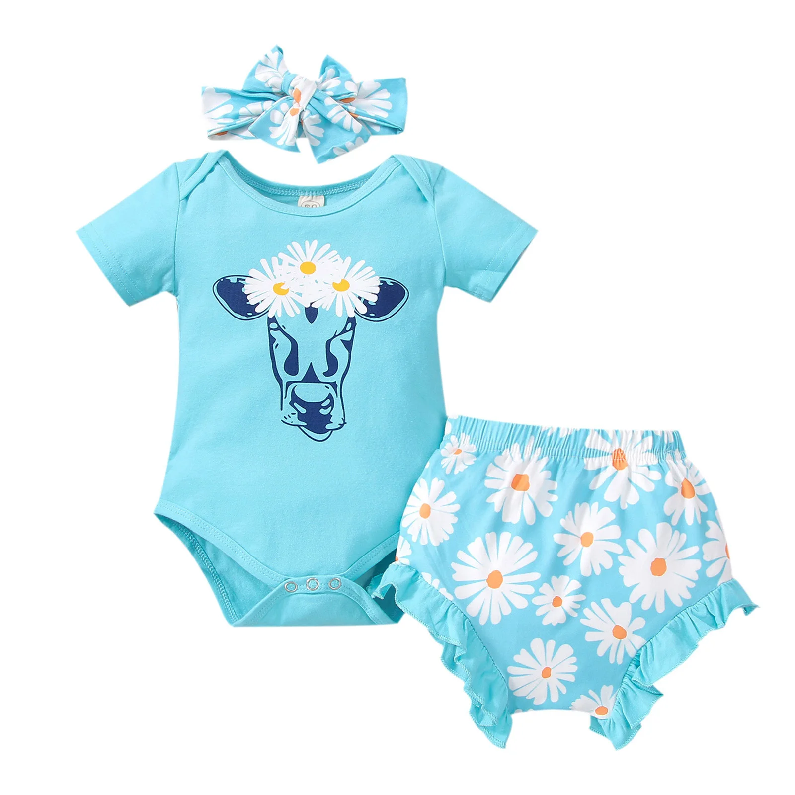 

Lioraitiin 0-24M Newborn Infant Baby Girl 3Pcs Outfit Sets Short Sleeve Bull Head Printed Romper Daisy Flower Print Shorts Suits