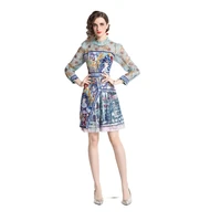 2022 spring and summer new gentle style thin foreign style long sleeve lace patchwork printed dress