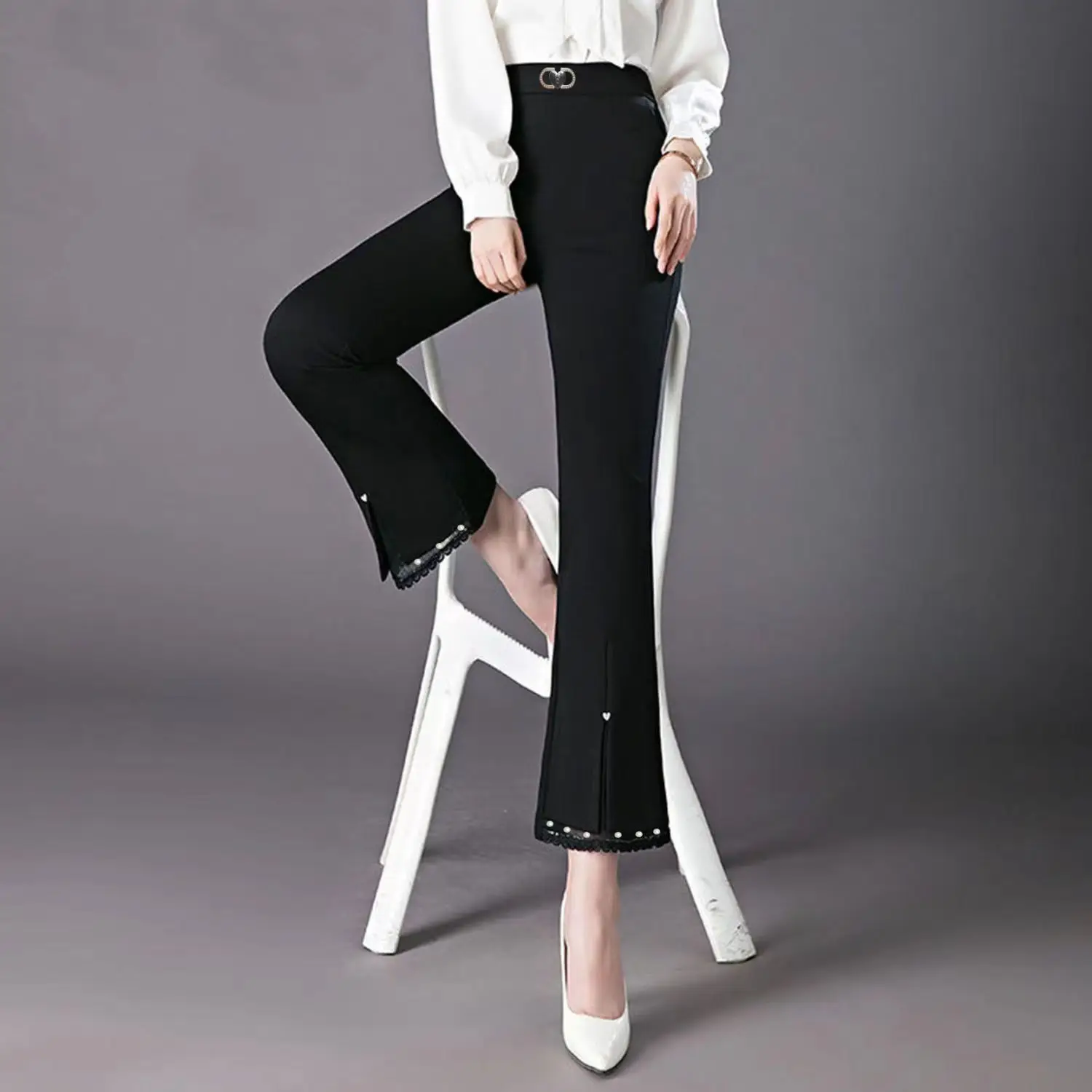 

Женские кружевные брюки-клеш до щиколотки, элегантные облегающие брюки с высокой талией и карманами, модель L26 в Корейском стиле на весну и осень, 2023