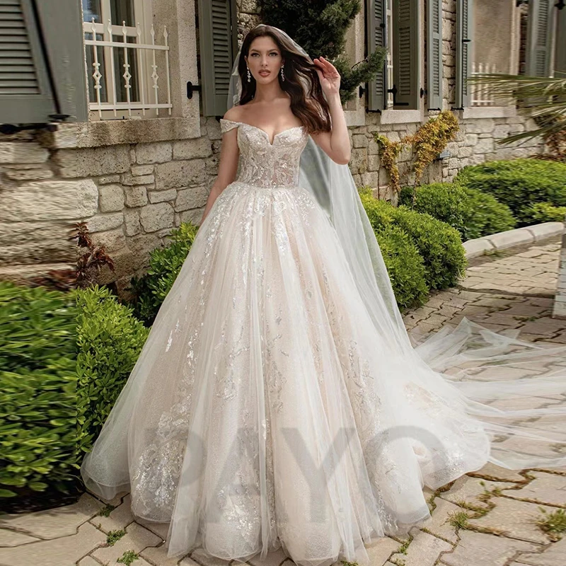 

Elegant Wedding Dress Off The Shoulder Luxury Appliques Beading Crystal Princess Glitter Gown Vestido De Novia For Women