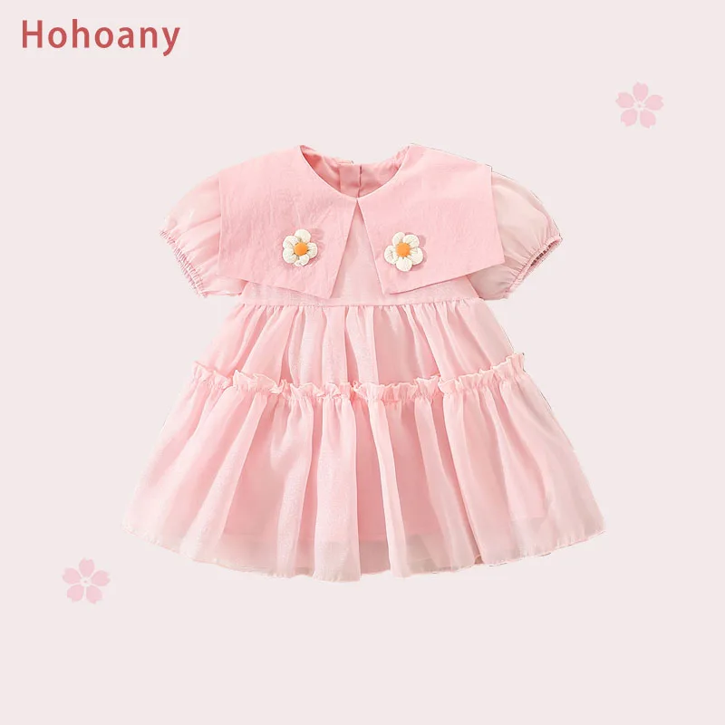 Hohoany Simple Solid Color Baby Girl Dresses Summer Puff Sleeves Toddler Clothes Flowers Thin Kids Costume 0 to 3 Years Children