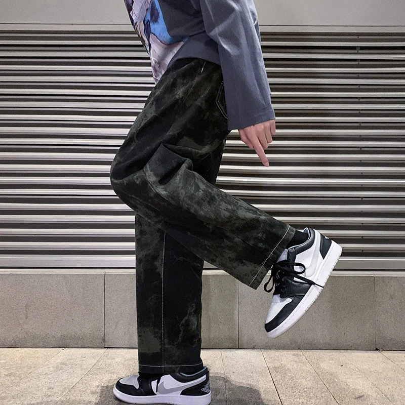 2022 Spring New Korean Style Fashion Tie Dye Harem Jeans Men Elastic Waist Denim Straight Baggy Wide-leg Pants Male Brand