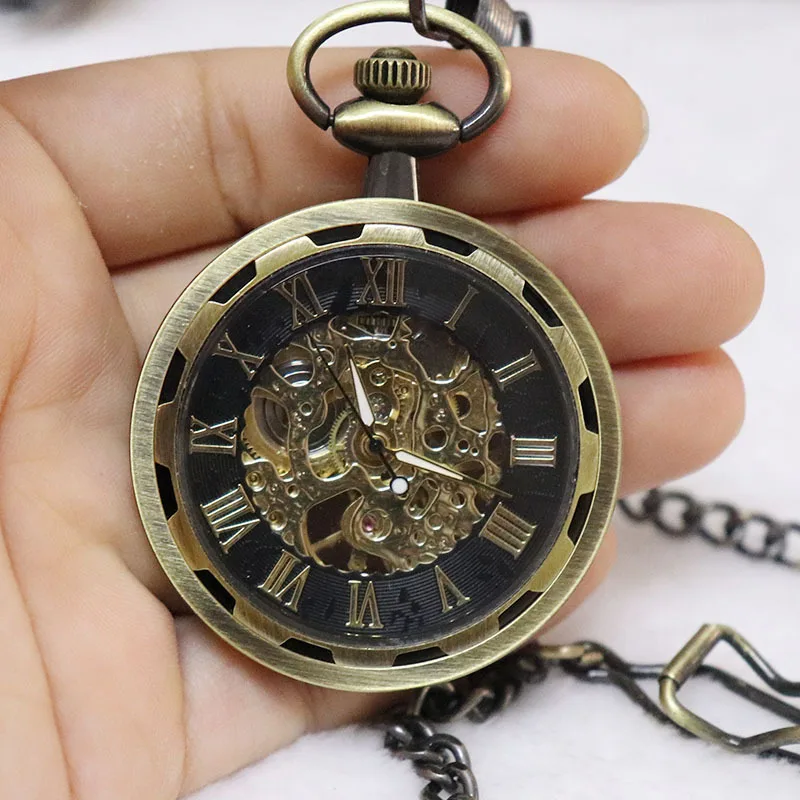 Luxury Bronze Mechanical Pocket Watch for Men Women Transparent Roman Numerals Case Dial Fob Chain Pendant Clock for Collection