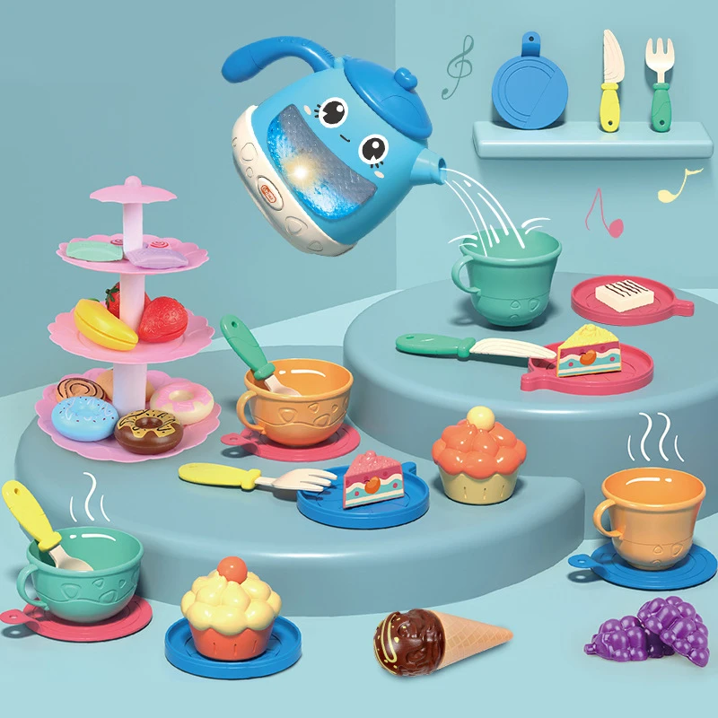 

Children's Pretend Play Simulation Afternoon Tea Toys Set Cake Teapot Fruit Ice Cream Fun Music Playing House Kitchen Toy Gifts