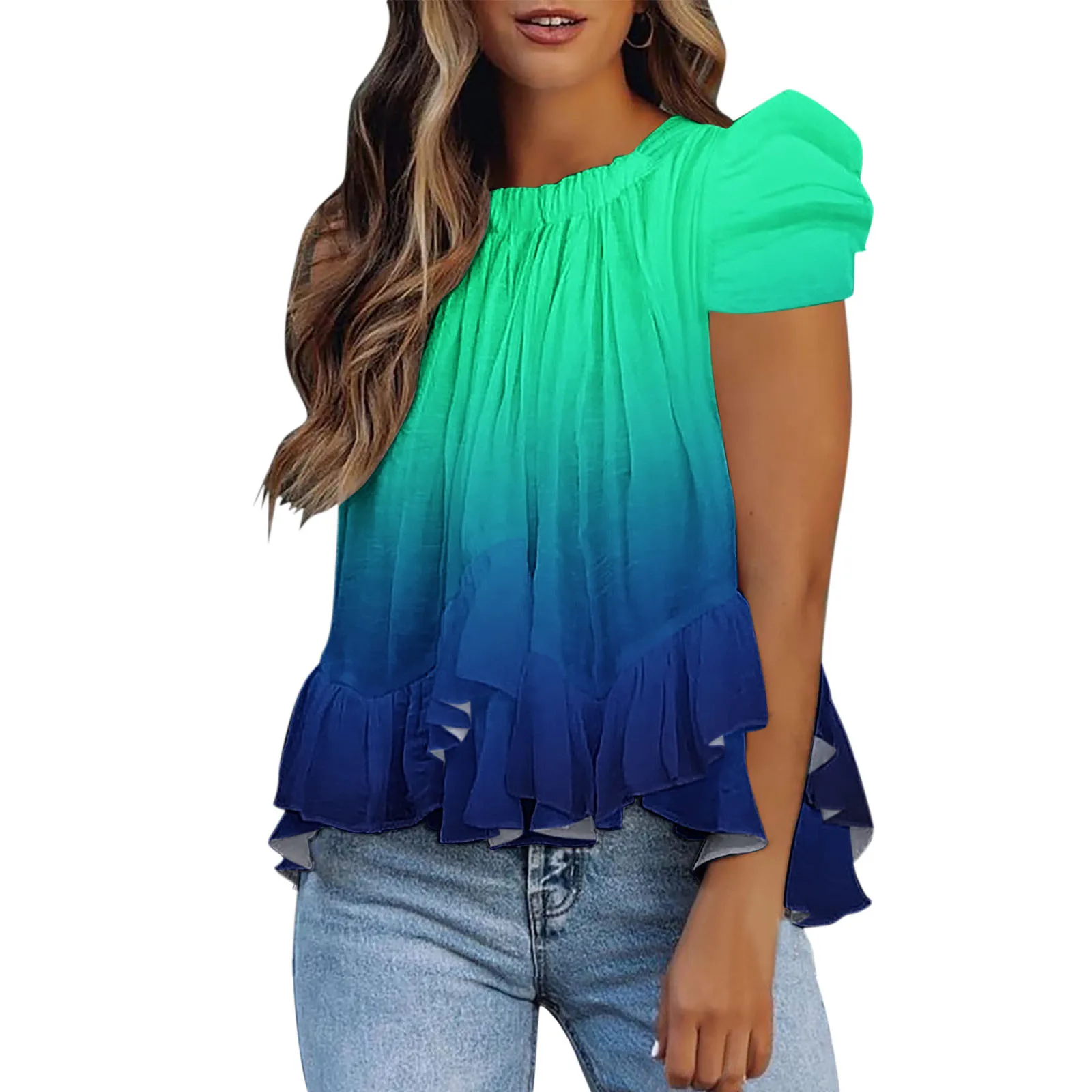 

Women Ruffle Blouse Summer Short Sleeve Gradient Cute Pleated Shirt Blusas Female Crew Neck Shirt Y2k Clothes
