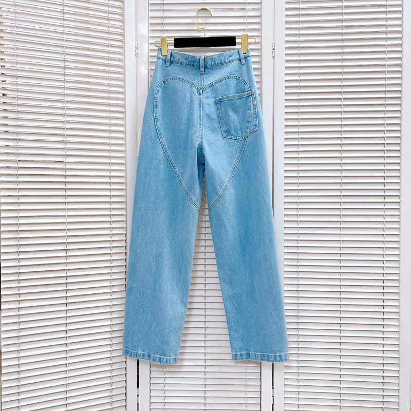 

Fashion Classic Trendy Luxury Design Star Style Hollowed Out Diamond Studded Beaded Light Blue Straight Denim Pants Jeans Female