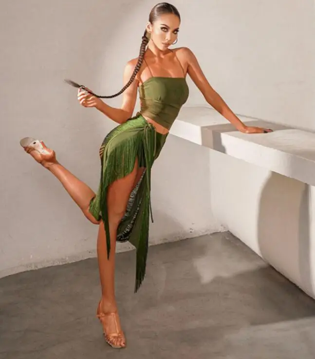 Черно-зеленое платье для сальсы с бахромой и юбкой-топом латиноамериканских