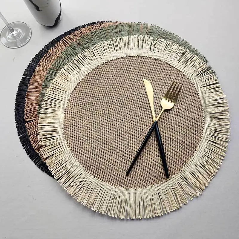 

1pc Jute Placemat Linen Ins Wind Simple Fringe Christmas Round Table Mat Environmental Protection Heat Insulation Non-slip Mat