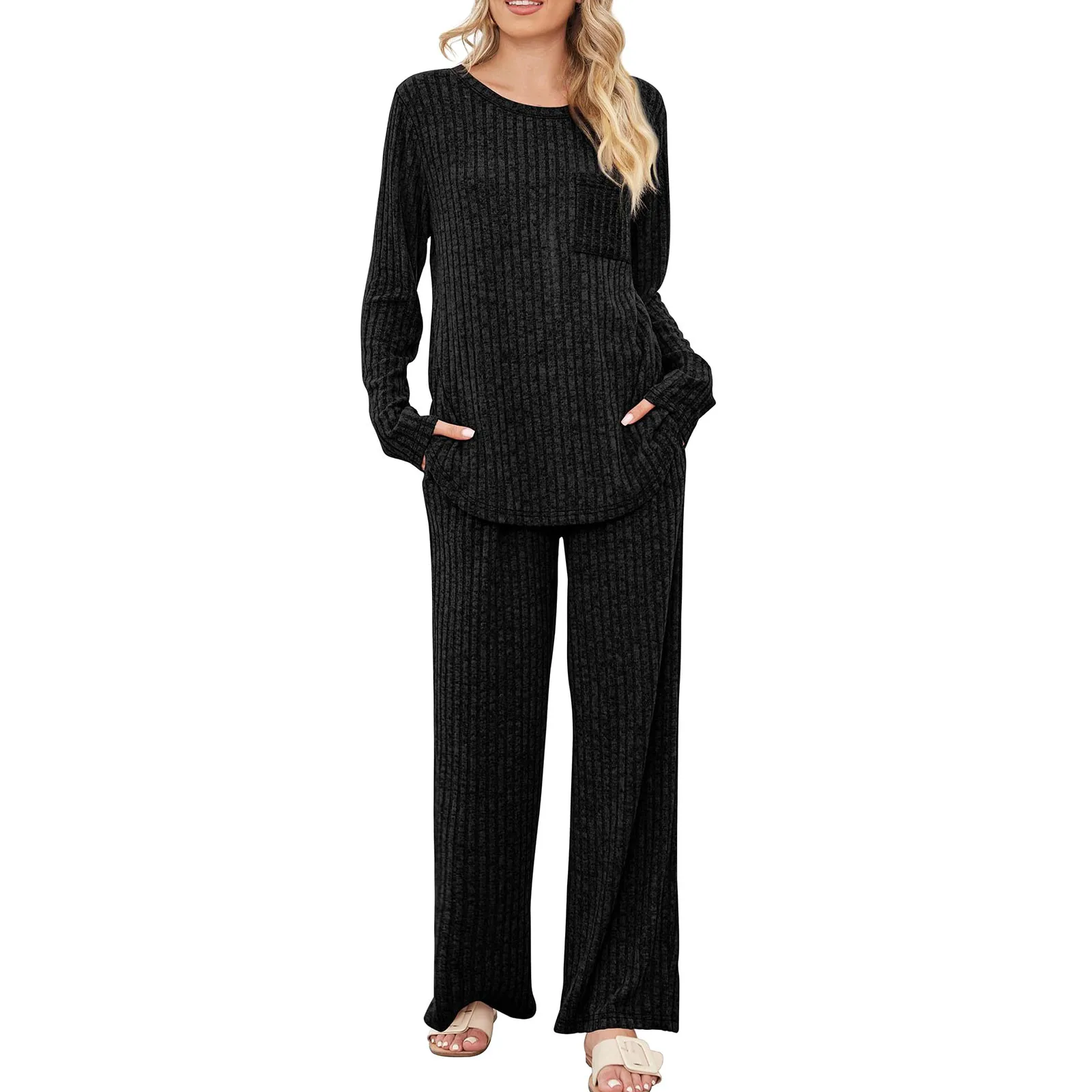 

Elegant Pant Set Autumn Winter Pit Stripes Round Neck Set Solid Loose Warm Pullover Two-Piece Suit Chest Pocket Pijama Mujer