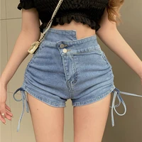 fashion street trend design womens jeans 2022 new personality diagonal buckle smock tie solid color denim slim shorts sexy chic