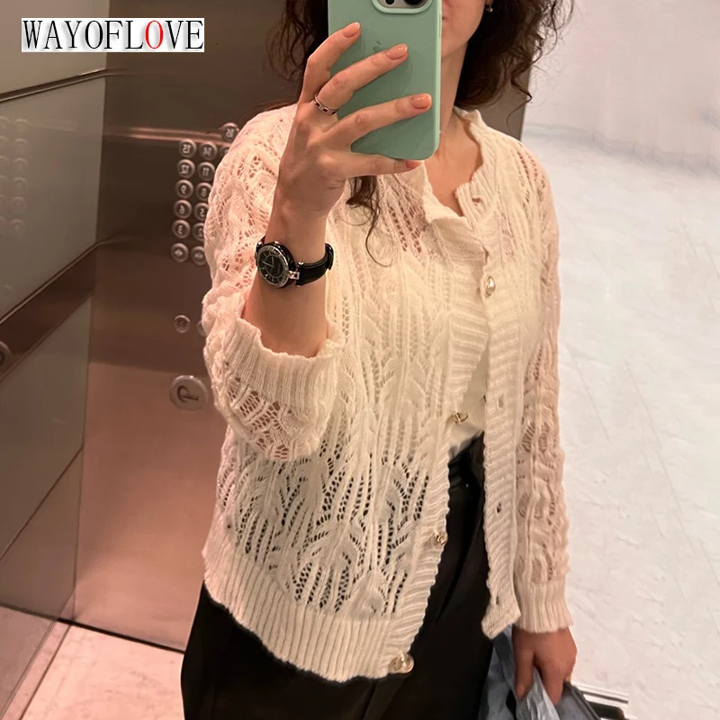 

WAYOFLOVE Mohair White Knitted Cardigans Sweater Women Hollow Out Pearls Button O Neck Sweater Cardigan Women Thin Soft Sweaters