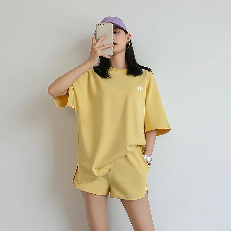 

Топ женский из 2 предметов, простая тонкая однотонная толстовка с круглым вырезом и повседневные спортивные шорты, модный костюм, топ, лето ...