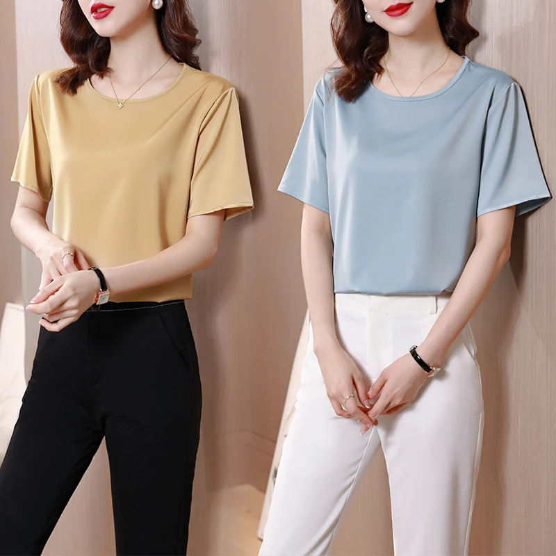 

2022 Summer Acetate SATIN Thin Women Clothing Short Sleeve Blue Casual Shirts For Office Lady O-Neck Korean Fashion Blouses
