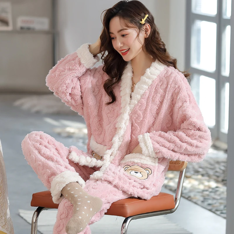 

New Autumn Winter Thick Warm Flannel Women Pajamas Set Long-sleeved Trousers Two-piece Set Cute Cartoon Home Clothing for Women