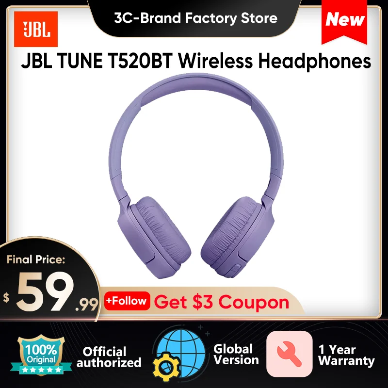 

Original JBL T520BT Wireless Bluetooth 5.3 Headphone TUNE 520BT Deep Bass Sport Running Earphones Handsfree Mic Foldable Headset