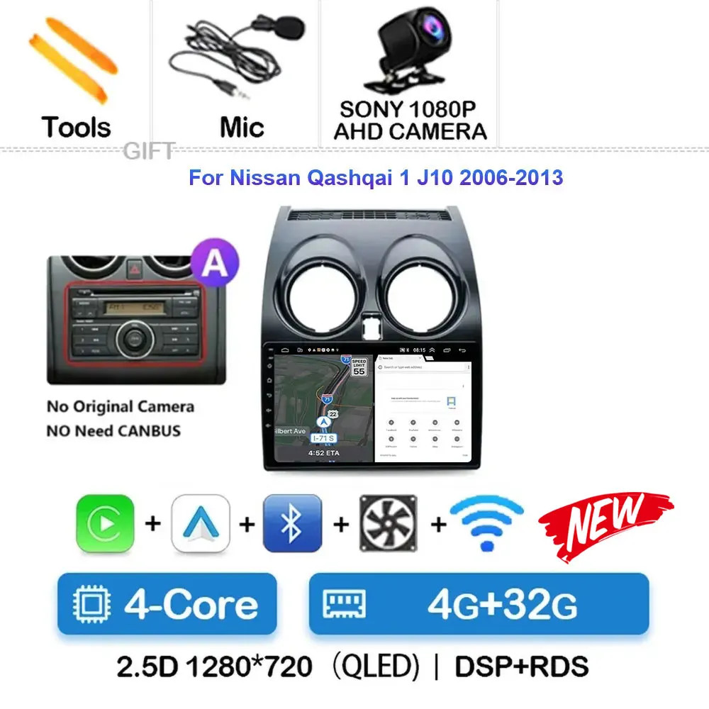 

4G Carplay DSP RDS 2din Android 15, автомобильный радиоприемник, мультимедийный видеоплеер для Nissan Qashqai 1 J10 2006-2013, навигация GPS WIFI DSP