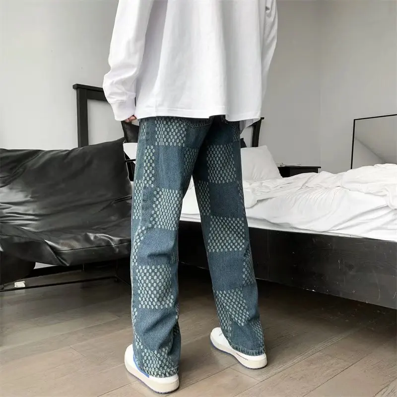 Mens Printed Jeans 2023 New Darker Blue Straight Lift Pattern Loose High Street Casual Boyfriend Pants