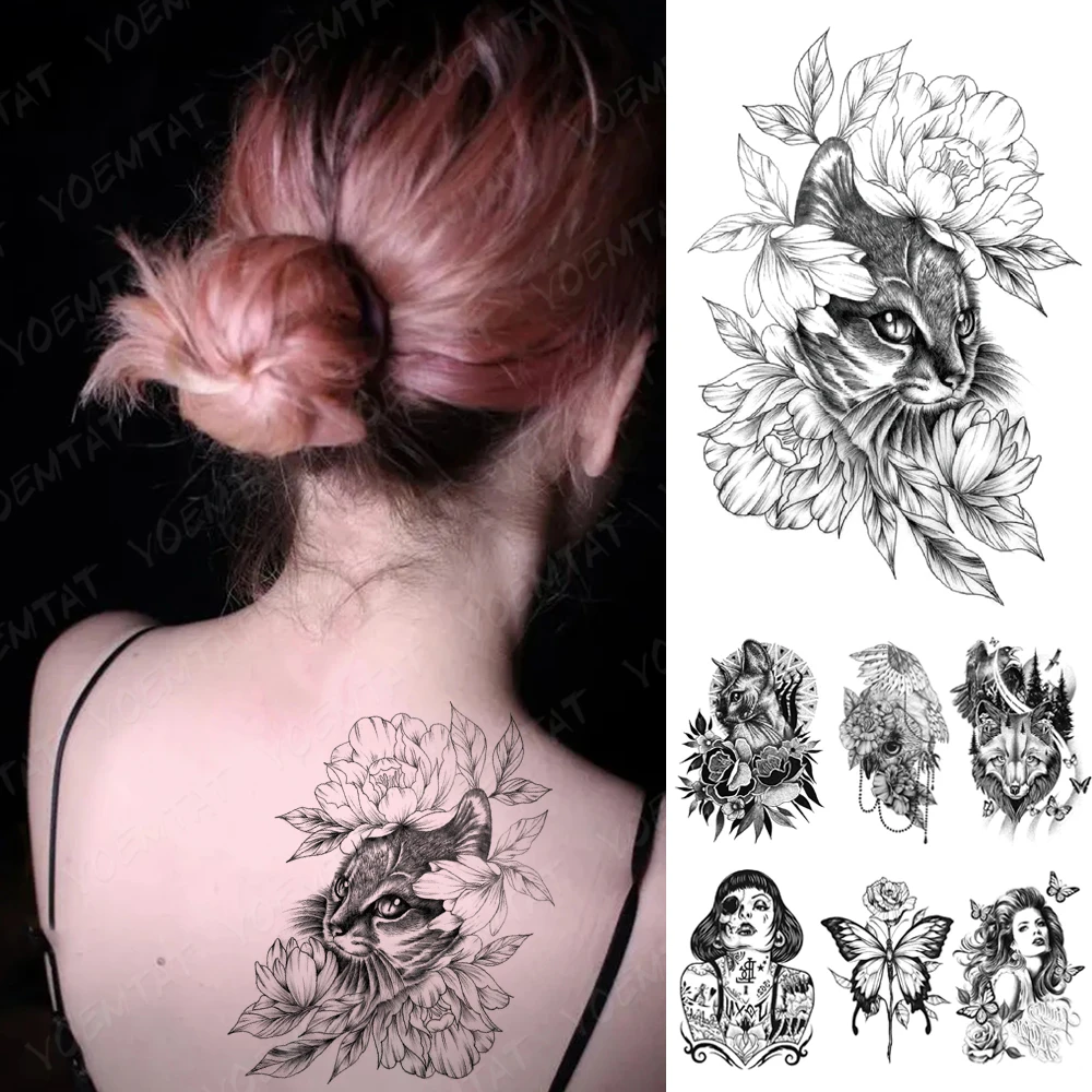 

Waterproof Temporary Tattoo Sticker Dark Spot Style Cat Rose Plant Painting Flash Tattoos Y2K Body Art Fake Tatoo For Women Men