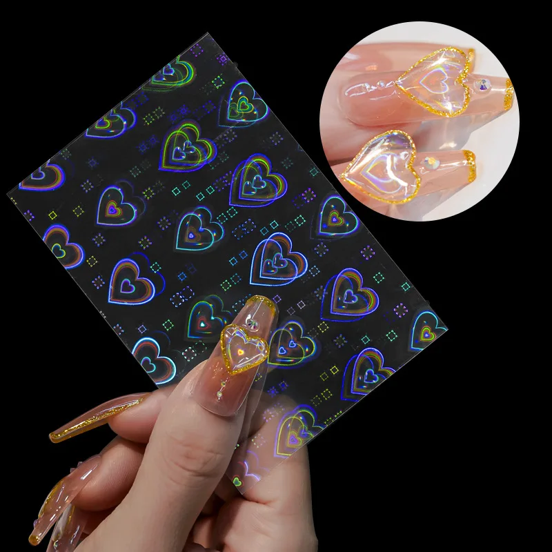 

Love Heart Aurora Pattern Nail Stickers Sparkly Rainbow 3D Iridescent Star Heart Nail Decoration Wraps Valentine Manicures Decal