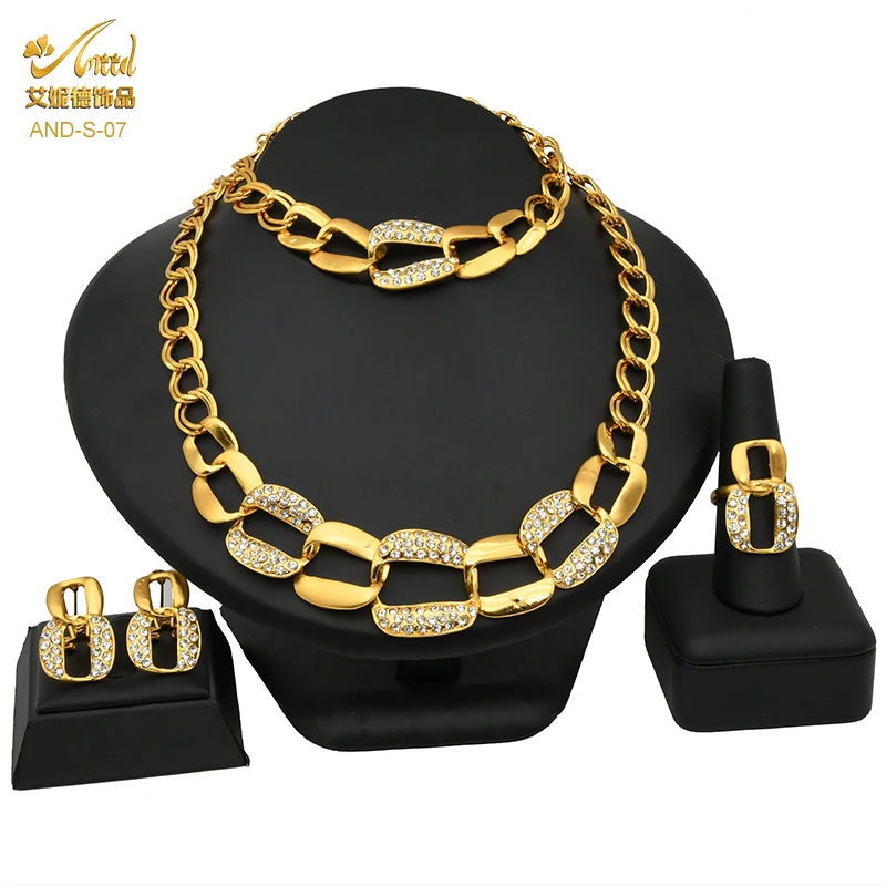 

ANIID Dubai 24K Gold Plated Jewelry Set For Women Bridal African Necklace Bracelets Wedding Rings Earrings Nigerian Jewelery