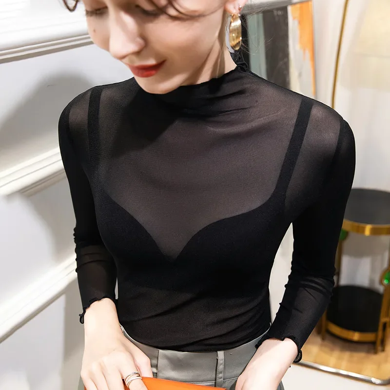 

High Quality 2023 Women Tops Gauze Design Thin T-shirt Female Clothing Winter Autumn Sexy Crop Top Fashion Clothes Casual Y2k