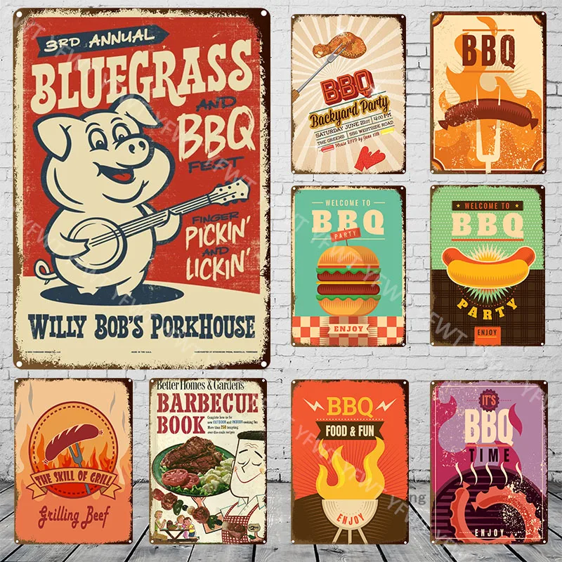 

Металлический постер в стиле ретро для барбекю, кухонный декор для бара и бара, Настенный декор, листовой металл, плакат для барбекю в ретро ...