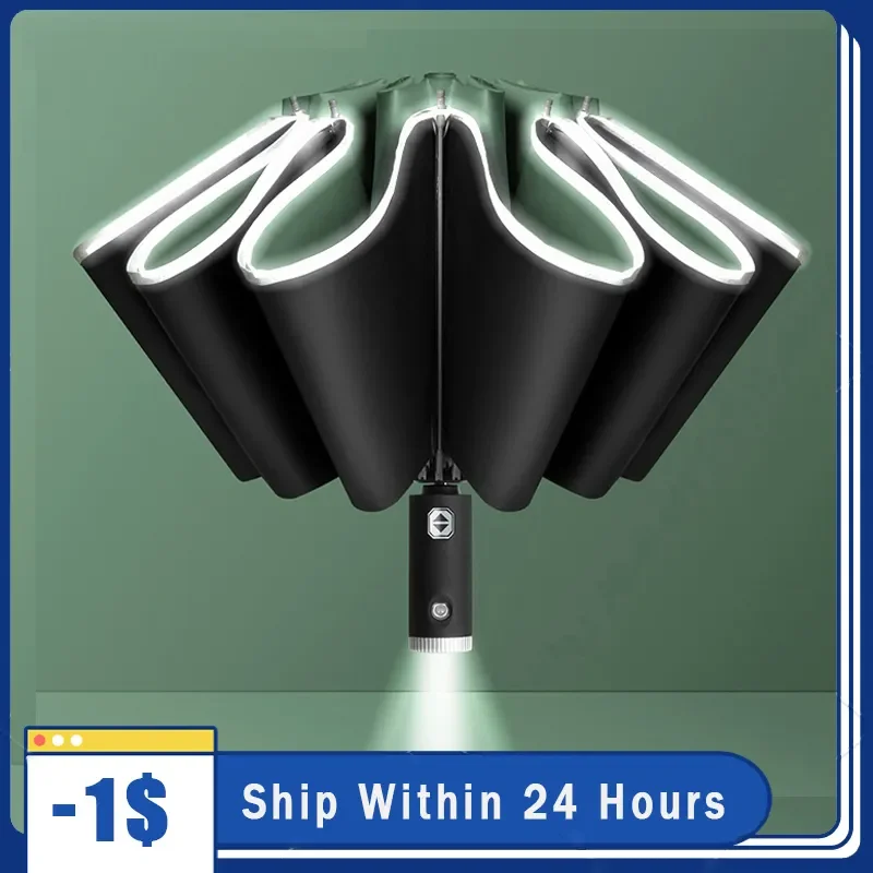 

NEW 10 Ribs UV Umbrella Women's Automatic Umbrella Male LED Automatic With Reflective Stripe 3-Folding Inverted Umbrellas