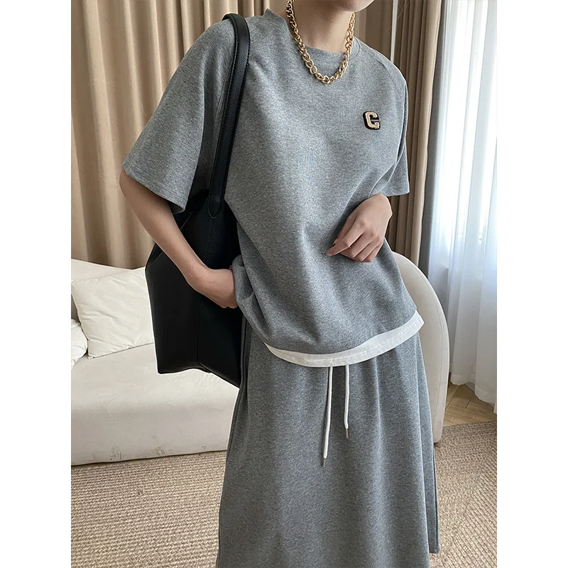 

Women Casual Layering 2 In 1 T-shirt Midi Sweat Skirt Gray Black Two Piece Set