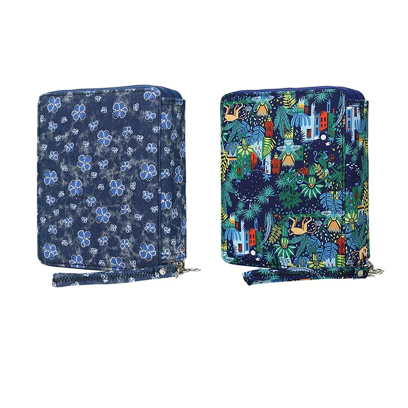

2X 120 Slots Colored Pencil Case Oxford Fabric Pen Case With Compartments Pencil Holder(Denim Floret&Monkey)