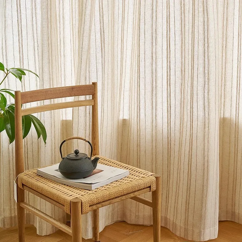 

Japanese homestay linen stripes curtains tulle for living rooms bedrooms study tea rooms cotton linen curtains yarn Custom size