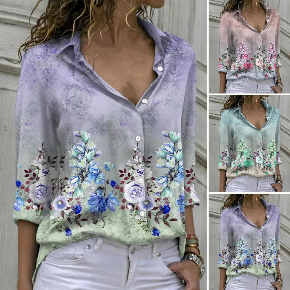 

2022 Fashion Women Shirt Turn-Down Collar Long Sleeve Loose Buttons Up Flower Print Sweet Shirt Blouses Ladies Clothing